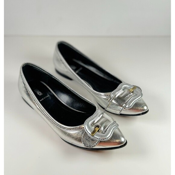 Fendi Womens Sandals Silver Leather Ballet Flat Slip On Buckle Italian 38.5 US 8 - Picture 1 of 10